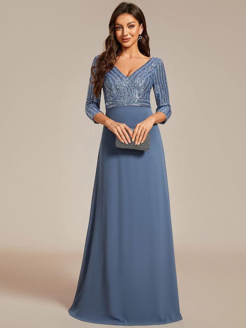 ever LUENA|Sexy V Neck Sequin Evening Dresses with 3/4 Sleeve