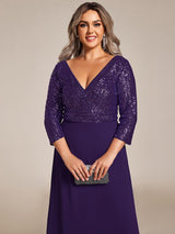 ever LUENA|Sexy V Neck Sequin Evening Dresses with 3/4 Sleeve