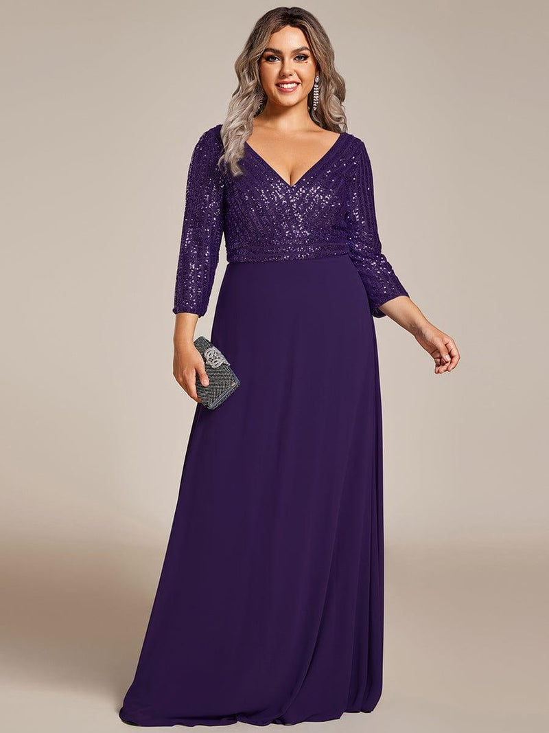 ever LUENA|Sexy V Neck Sequin Evening Dresses with 3/4 Sleeve