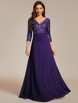 ever LUENA|Sexy V Neck Sequin Evening Dresses with 3/4 Sleeve