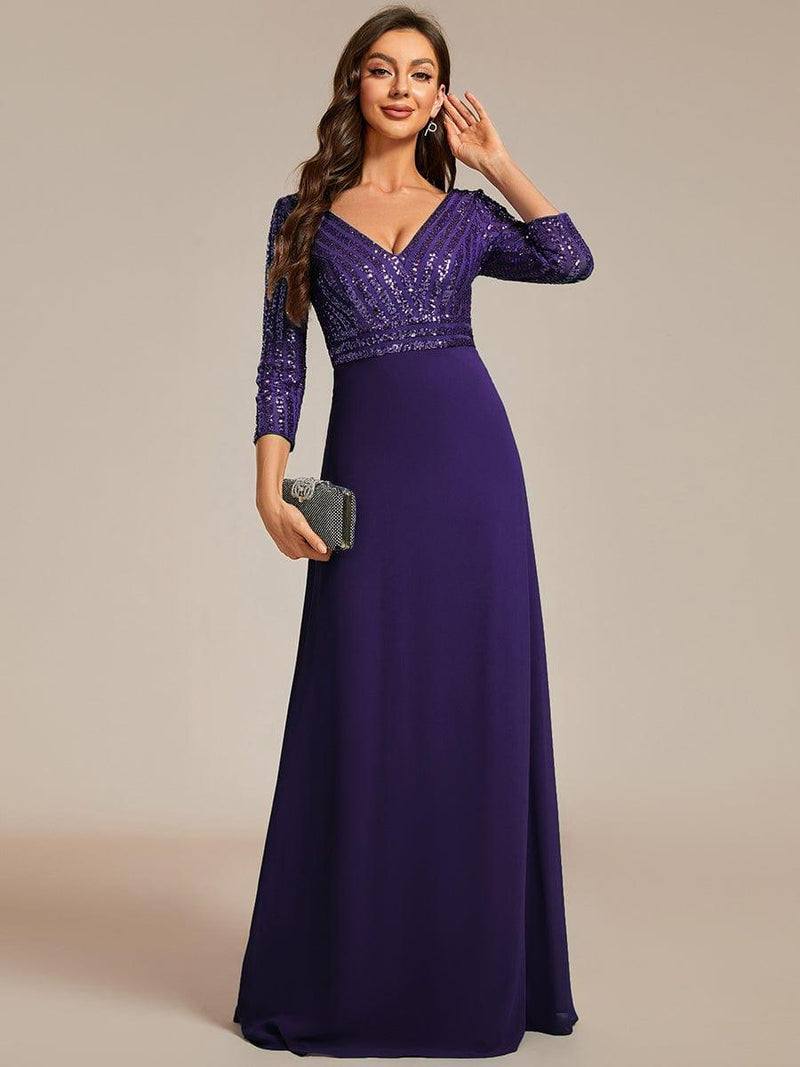 ever LUENA|Sexy V Neck Sequin Evening Dresses with 3/4 Sleeve