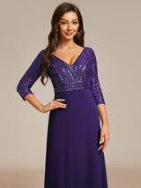 ever LUENA|Sexy V Neck Sequin Evening Dresses with 3/4 Sleeve