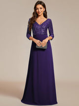 ever LUENA|Sexy V Neck Sequin Evening Dresses with 3/4 Sleeve
