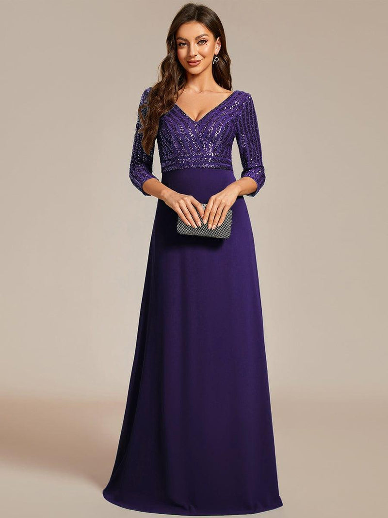 ever LUENA|Sexy V Neck Sequin Evening Dresses with 3/4 Sleeve