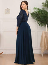 ever LUENA|Sexy V Neck Sequin Evening Dresses with 3/4 Sleeve