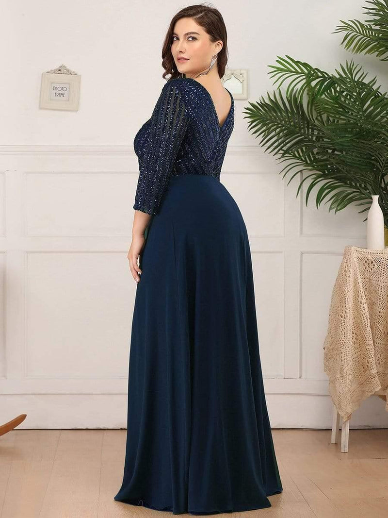 ever LUENA|Sexy V Neck Sequin Evening Dresses with 3/4 Sleeve