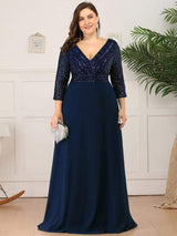ever LUENA|Sexy V Neck Sequin Evening Dresses with 3/4 Sleeve