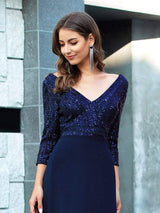 ever LUENA|Sexy V Neck Sequin Evening Dresses with 3/4 Sleeve