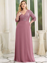 ever LUENA|Sexy V Neck Sequin Evening Dresses with 3/4 Sleeve
