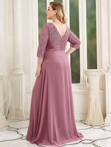 ever LUENA|Sexy V Neck Sequin Evening Dresses with 3/4 Sleeve
