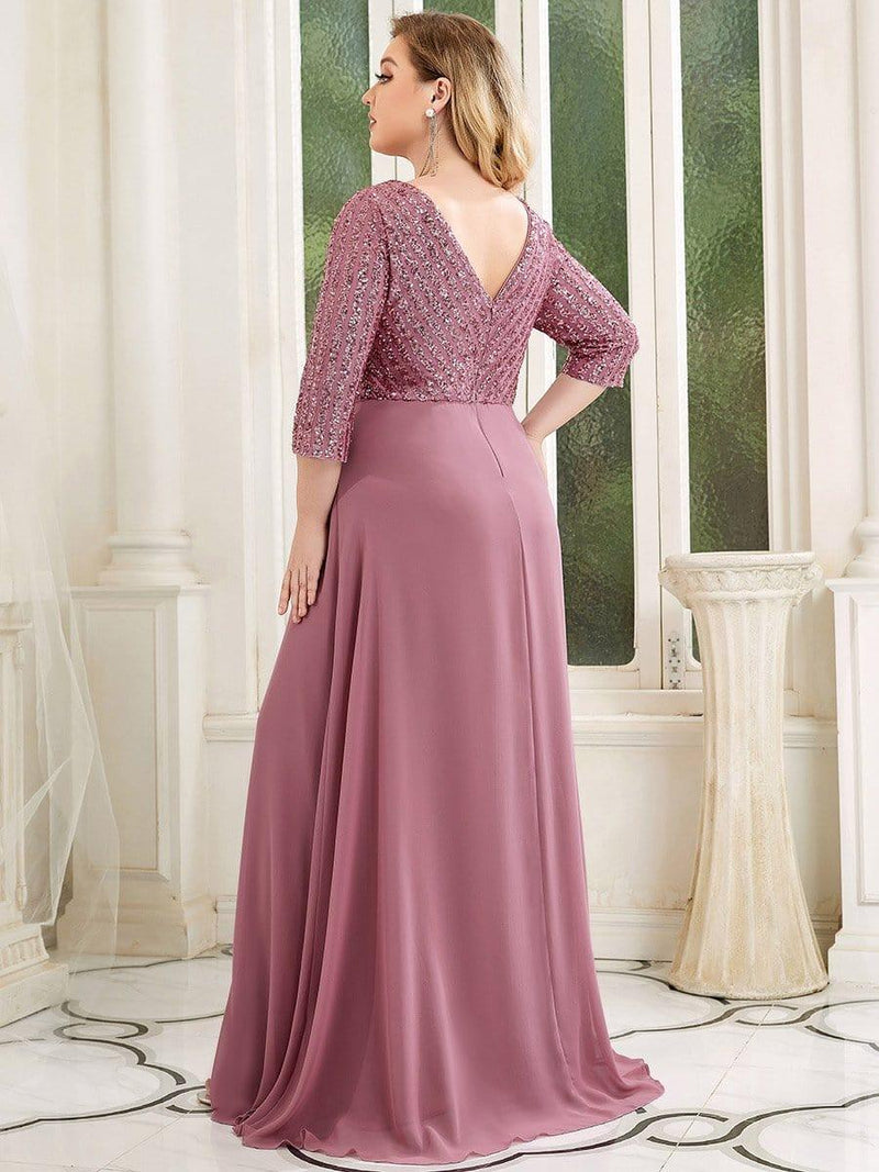 ever LUENA|Sexy V Neck Sequin Evening Dresses with 3/4 Sleeve