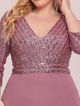 ever LUENA|Sexy V Neck Sequin Evening Dresses with 3/4 Sleeve