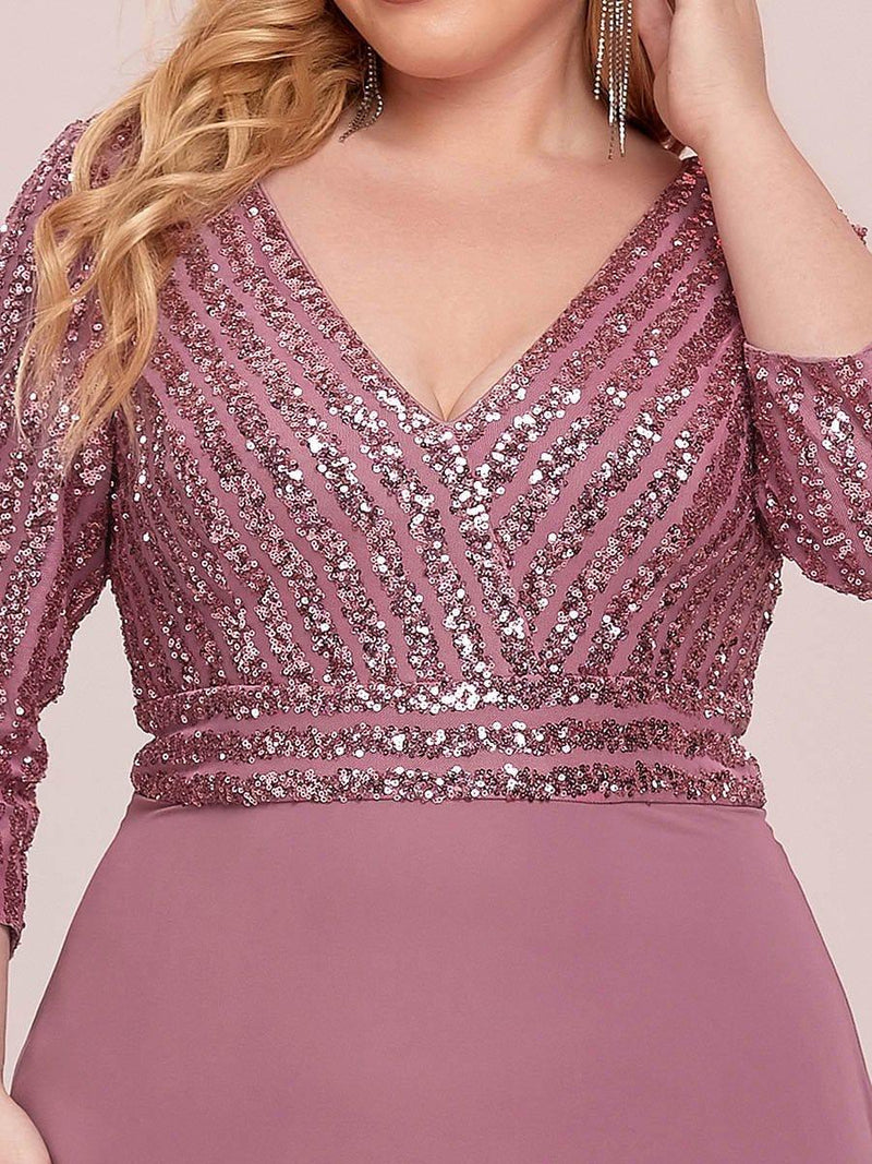 ever LUENA|Sexy V Neck Sequin Evening Dresses with 3/4 Sleeve