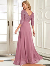 ever LUENA|Sexy V Neck Sequin Evening Dresses with 3/4 Sleeve