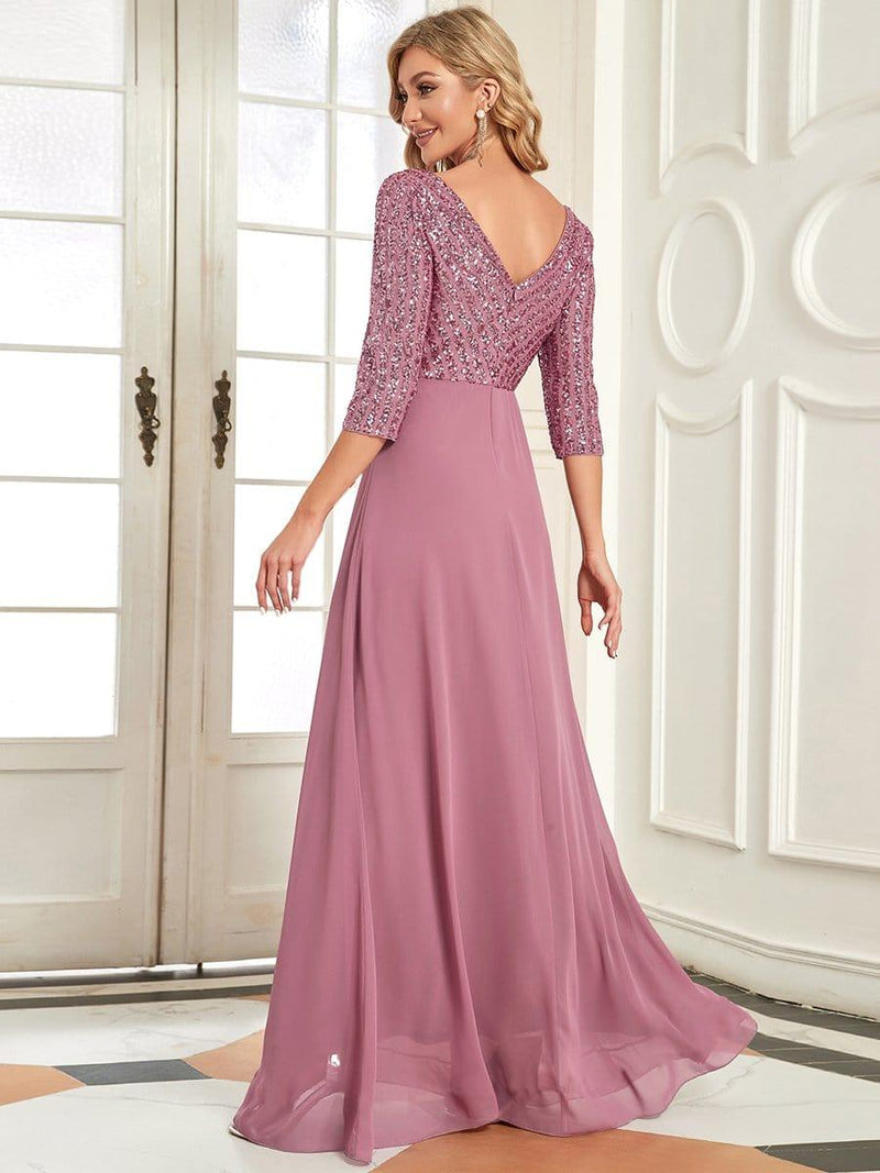 ever LUENA|Sexy V Neck Sequin Evening Dresses with 3/4 Sleeve