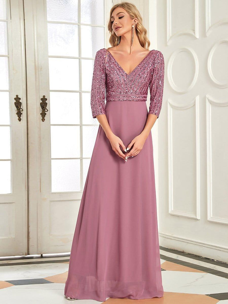 ever LUENA|Sexy V Neck Sequin Evening Dresses with 3/4 Sleeve