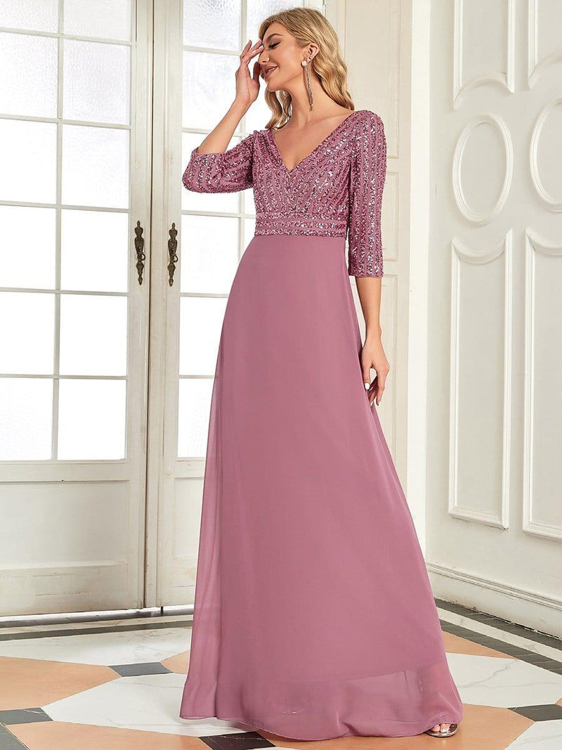 ever LUENA|Sexy V Neck Sequin Evening Dresses with 3/4 Sleeve