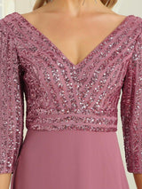 ever LUENA|Sexy V Neck Sequin Evening Dresses with 3/4 Sleeve