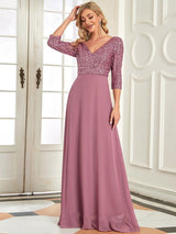 ever LUENA|Sexy V Neck Sequin Evening Dresses with 3/4 Sleeve