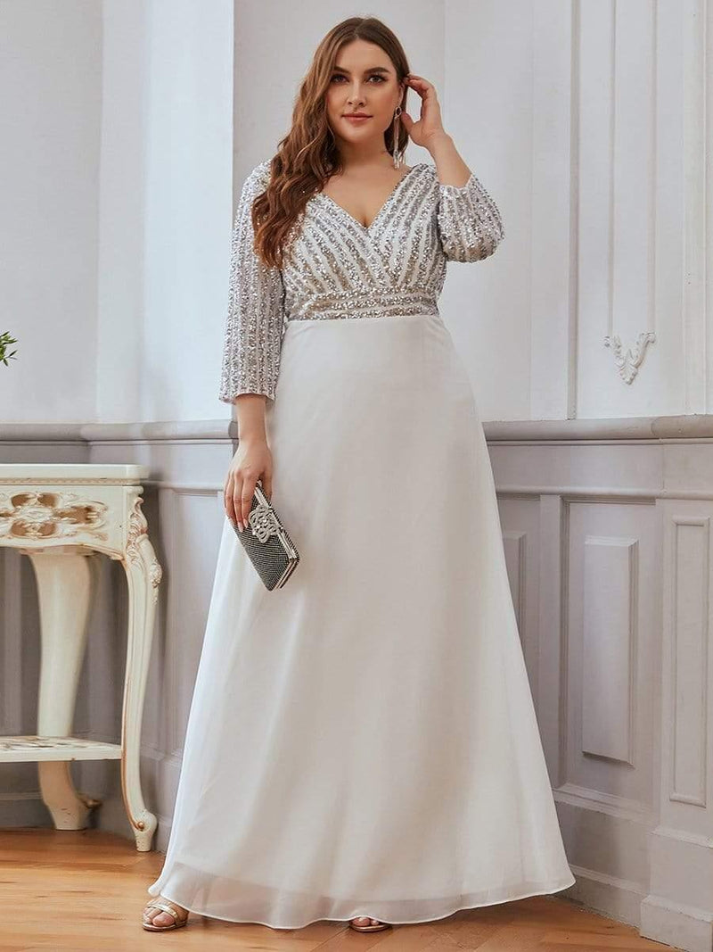 ever LUENA|Sexy V Neck Sequin Evening Dresses with 3/4 Sleeve
