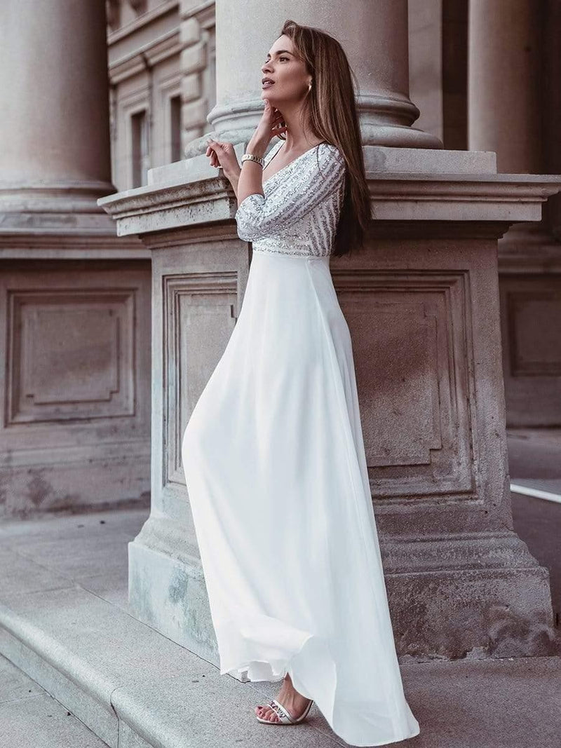 ever LUENA|Sexy V Neck Sequin Evening Dresses with 3/4 Sleeve