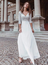 ever LUENA|Sexy V Neck Sequin Evening Dresses with 3/4 Sleeve
