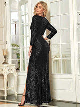 ever NYX|Shiny V Neck Sequin Long Sleeves Evening Dress