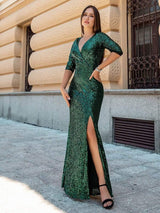 ever NYX|Shiny V Neck Sequin Long Sleeves Evening Dress