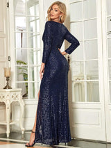 ever NYX|Shiny V Neck Sequin Long Sleeves Evening Dress