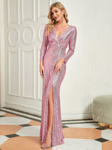 ever NYX|Shiny V Neck Sequin Long Sleeves Evening Dress