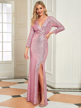 ever NYX|Shiny V Neck Sequin Long Sleeves Evening Dress