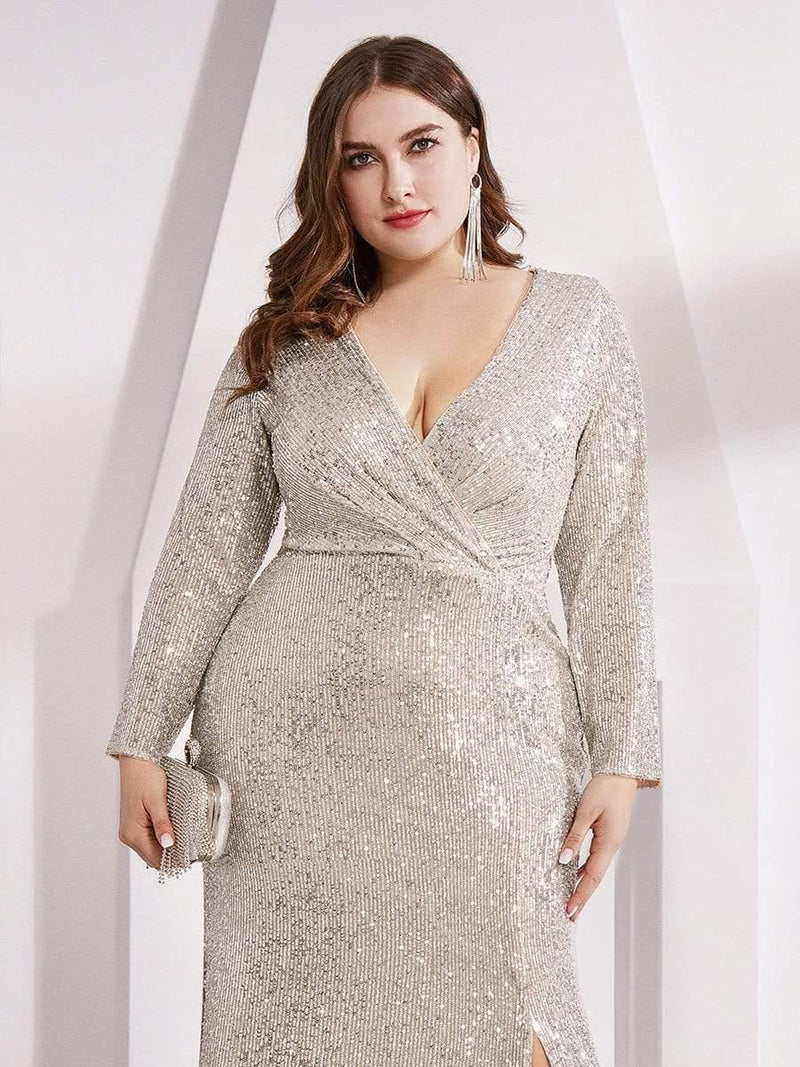 pretty NYX|Plus Size Sexy Deep V-Neck Sequin Bodice Formal Evening Gowns