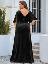 ever REINE|Elegant Double V Neck Velvet Evening Dress with Sleeves