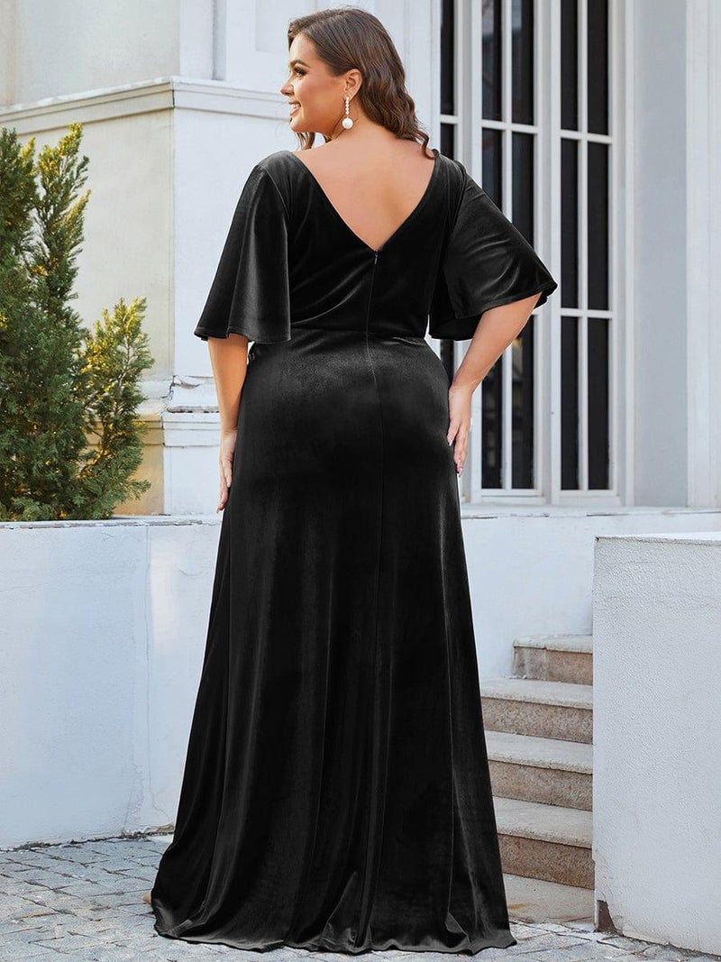 ever REINE|Elegant Double V Neck Velvet Evening Dress with Sleeves