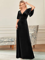 ever REINE|Elegant Double V Neck Velvet Evening Dress with Sleeves