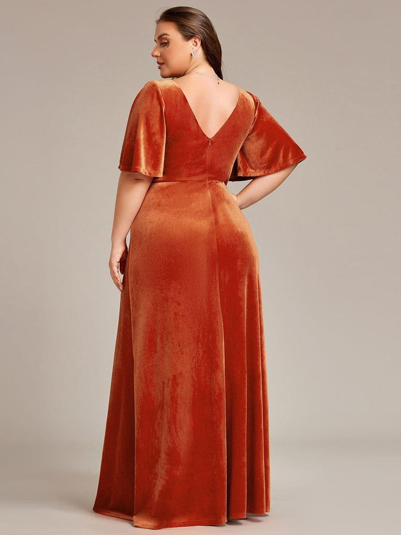 ever REINE|Elegant Double V Neck Velvet Evening Dress with Sleeves