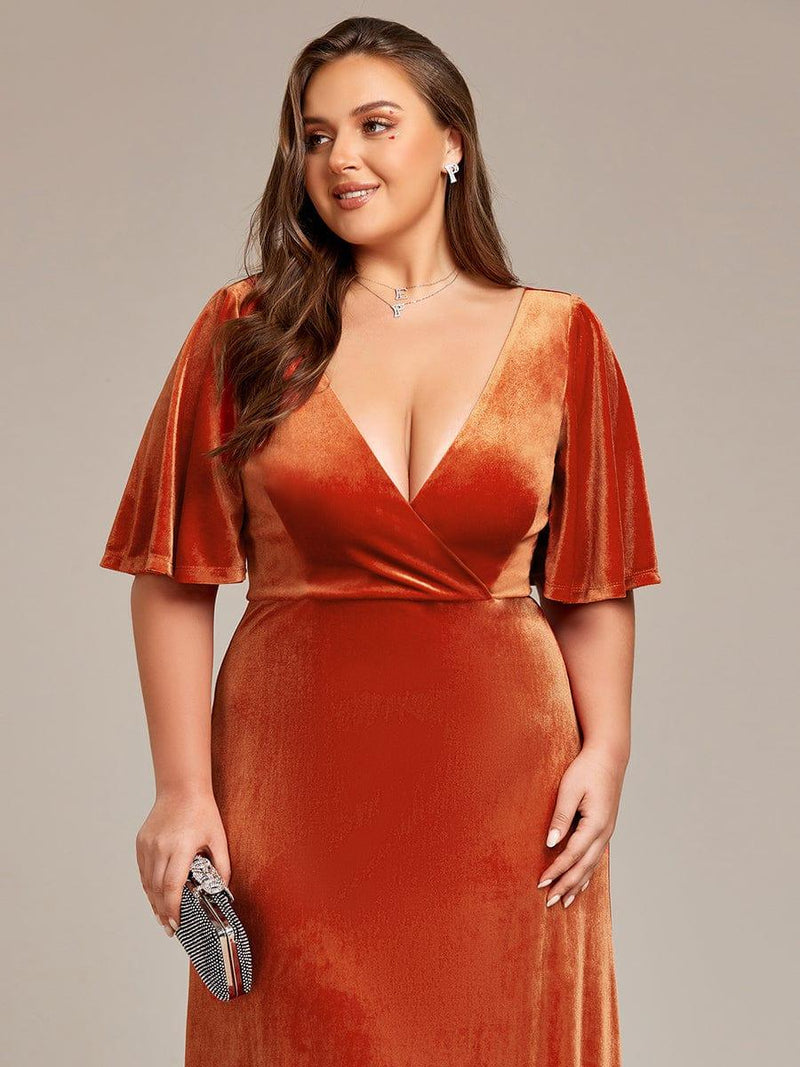 ever REINE|Elegant Double V Neck Velvet Evening Dress with Sleeves