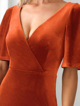 ever REINE|Elegant Double V Neck Velvet Evening Dress with Sleeves