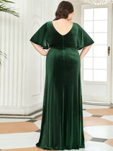 ever REINE|Elegant Double V Neck Velvet Evening Dress with Sleeves
