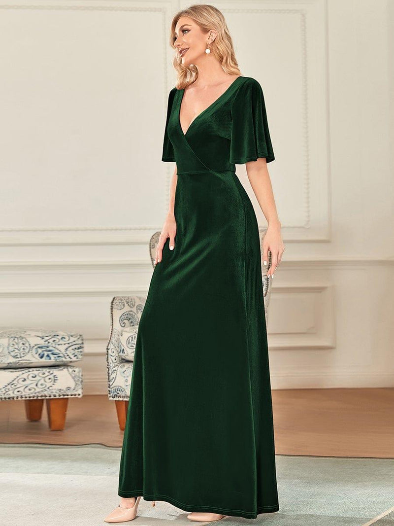 ever REINE|Elegant Double V Neck Velvet Evening Dress with Sleeves