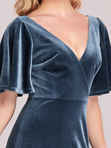 ever REINE|Elegant Double V Neck Velvet Evening Dress with Sleeves