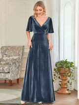 ever REINE|Elegant Double V Neck Velvet Evening Dress with Sleeves