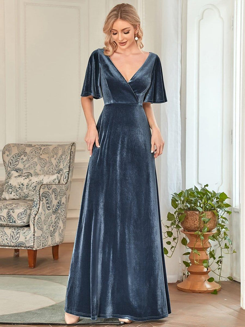 ever REINE|Elegant Double V Neck Velvet Evening Dress with Sleeves