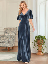 ever REINE|Elegant Double V Neck Velvet Evening Dress with Sleeves