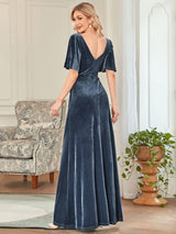 ever REINE|Elegant Double V Neck Velvet Evening Dress with Sleeves