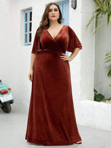 ever REINE|Elegant Double V Neck Velvet Evening Dress with Sleeves