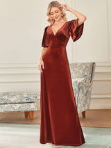 ever REINE|Elegant Double V Neck Velvet Evening Dress with Sleeves