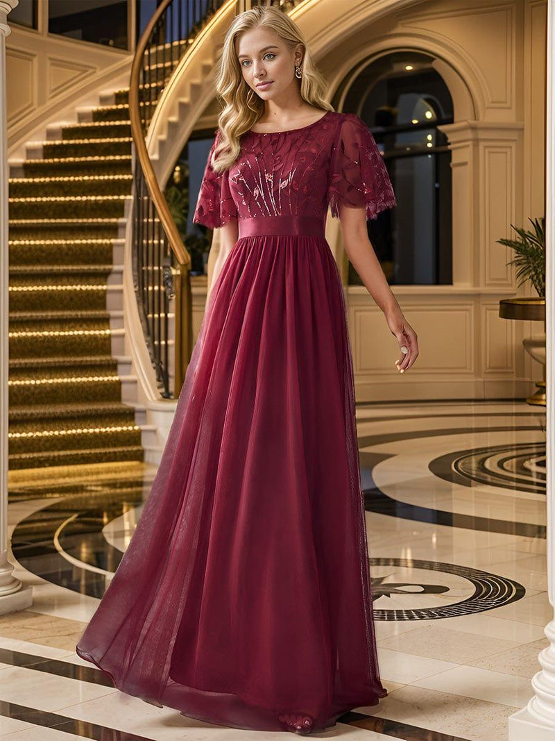 ever SAPHIR|Women's A-Line Sequin Leaf Maxi Prom Dress with Sleeves