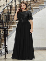 ever SAPHIR|Women's A-Line Sequin Leaf Maxi Prom Dress with Sleeves