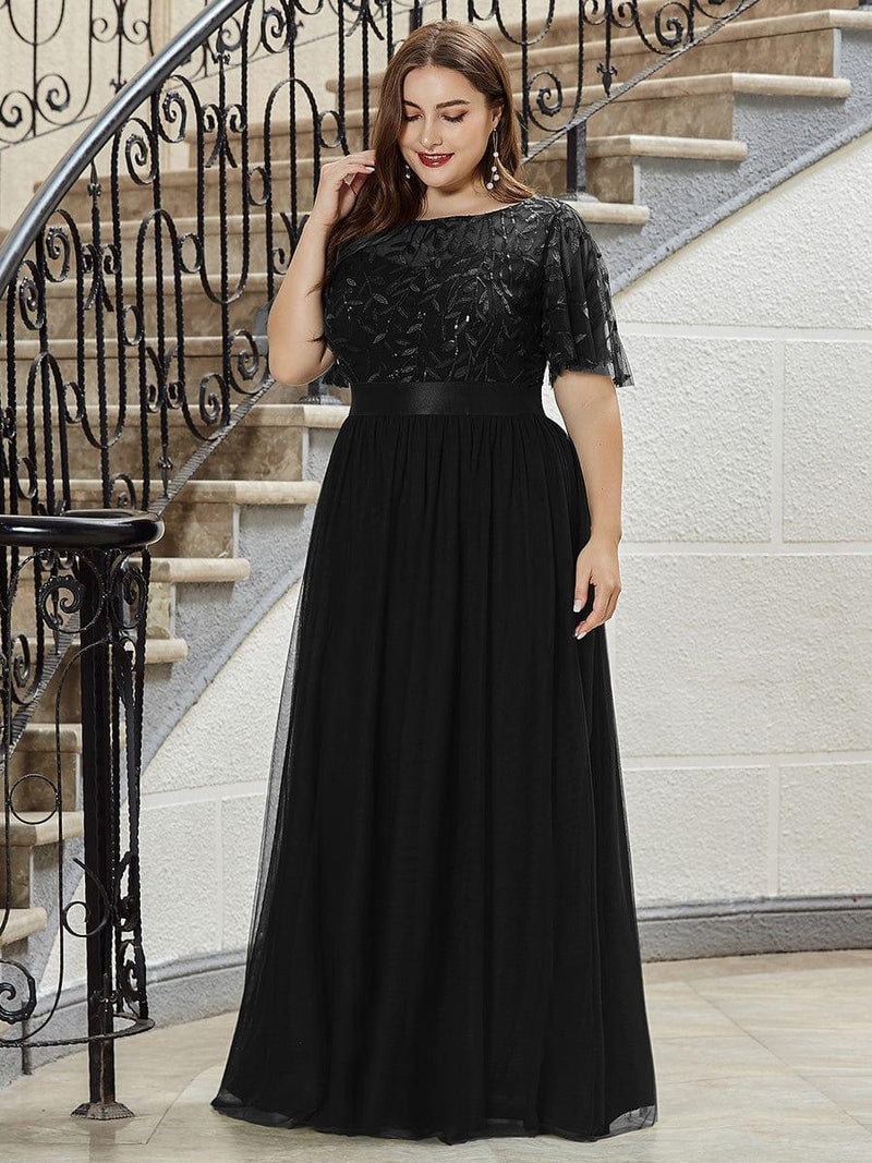 ever SAPHIR|Women's A-Line Sequin Leaf Maxi Prom Dress with Sleeves
